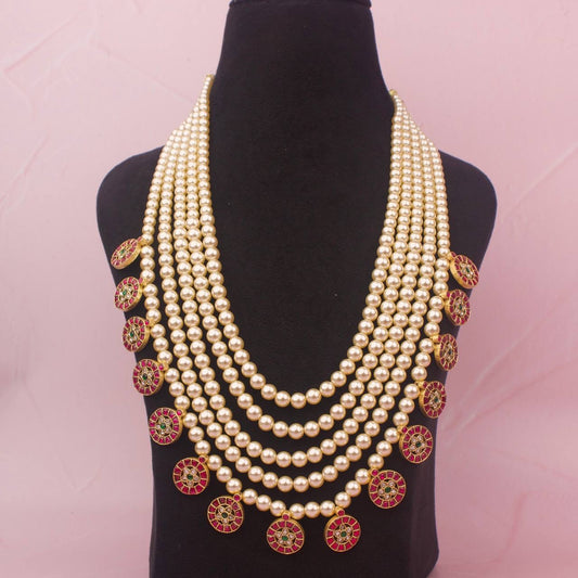 Grand Jadau Kundan Swarovski Pearl Haram With Kundan Lockets