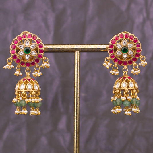 Imperial Jadau Kundan Jhumka Earrings With Green Beads And Pearl Drops