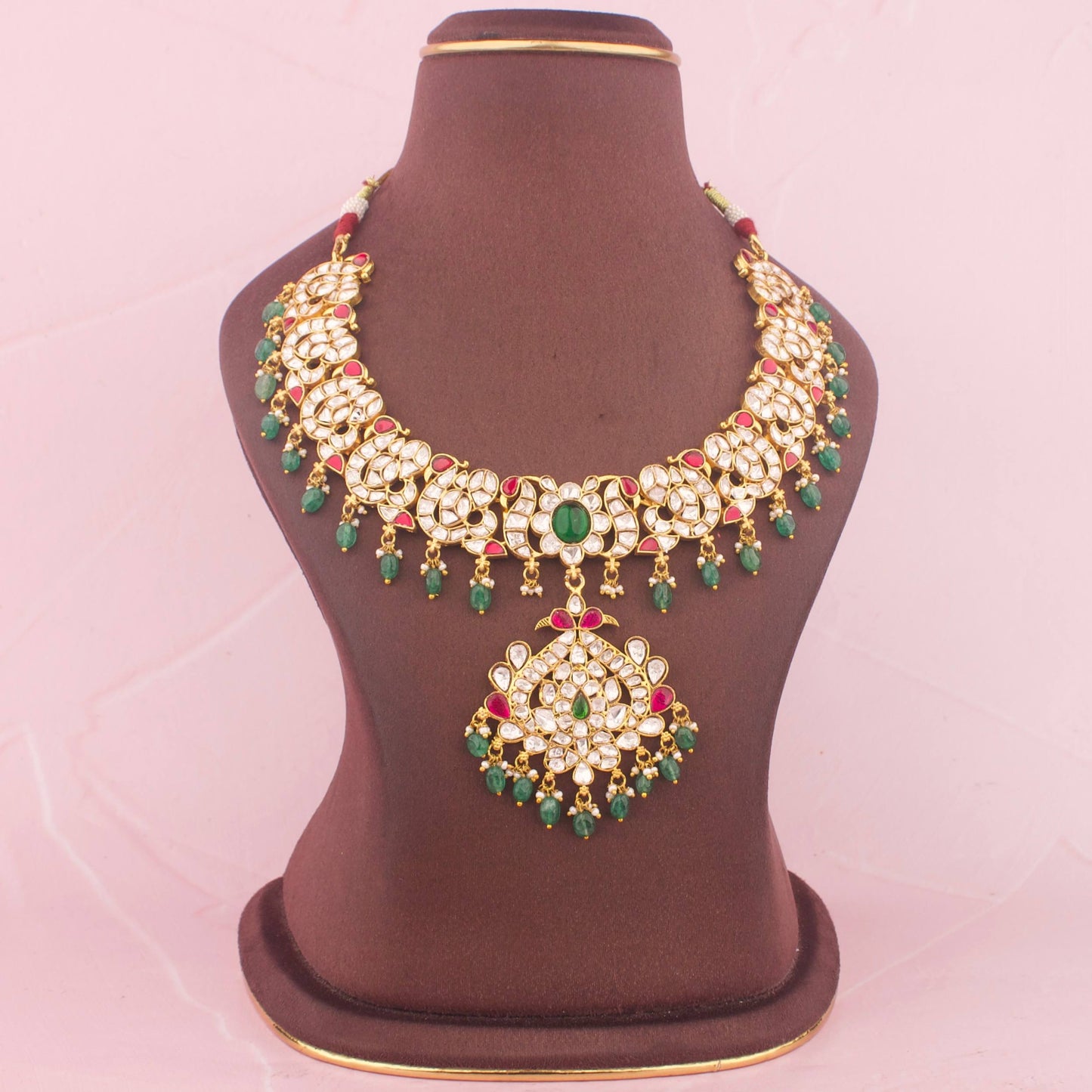 Ethnic Moissanite Polki With Peacock Design Pendant And Emerald Beads