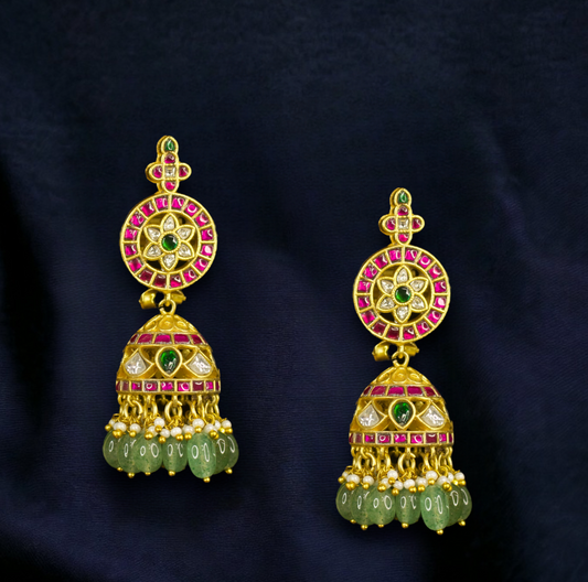 Elegant Mandala Jadau Kundan Jhumkas with emerald beads
