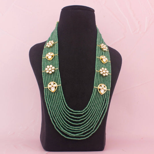 Close-up detailing of Multi-Layer Jadau Kundan Beaded Necklace With Kundan Polki Accents