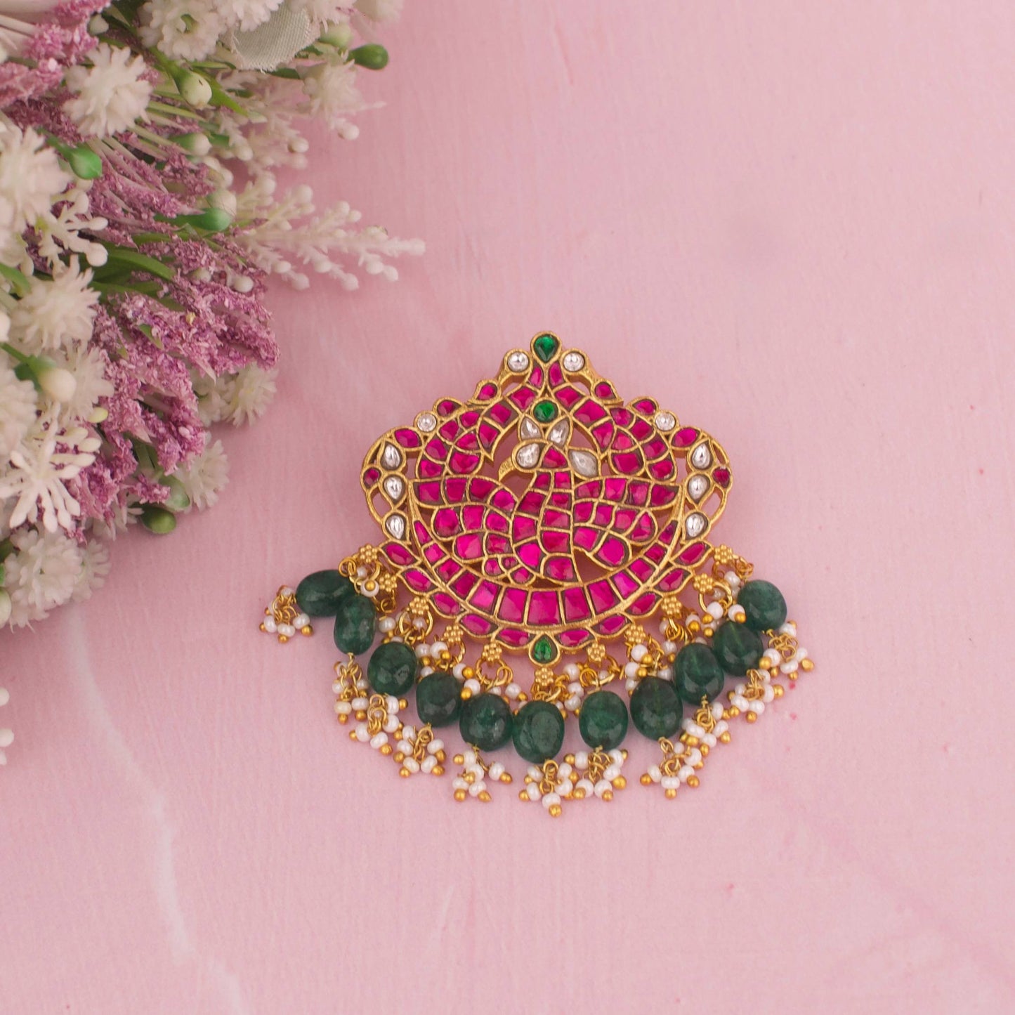 Peacock Jadau Kundan Pendant WIth Guttapusalu Hangings