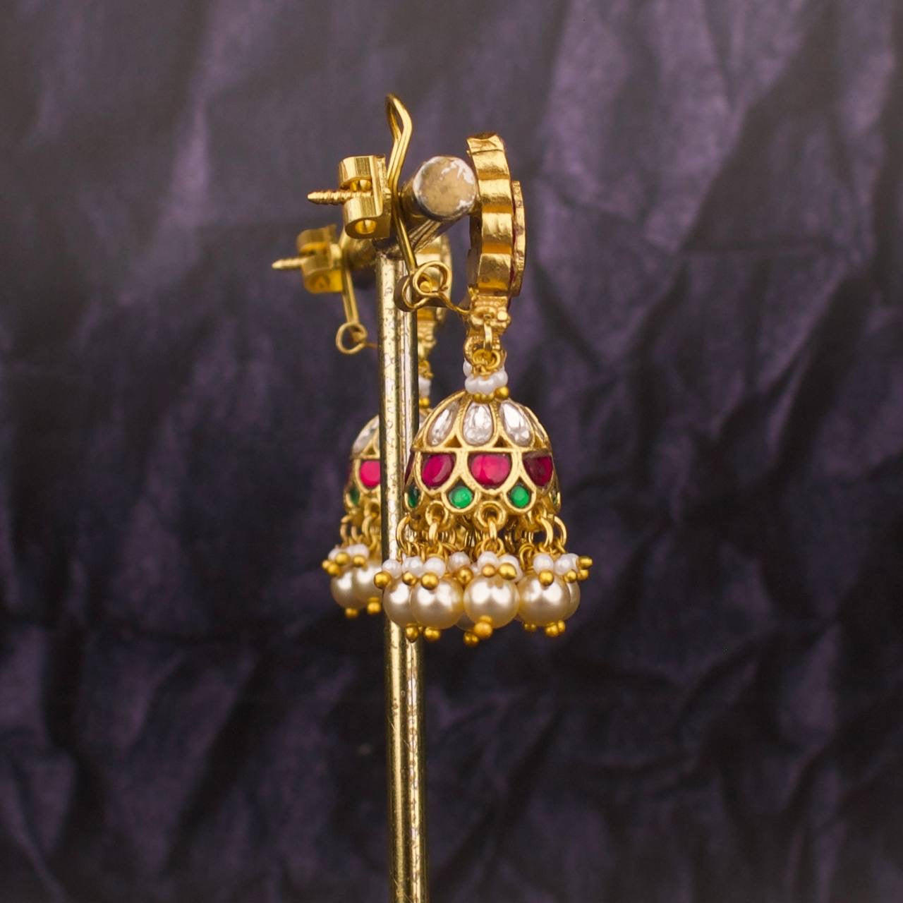 Gold Inspired Jadau Kundan Jhumki Earrings With Swarovski Pearls
