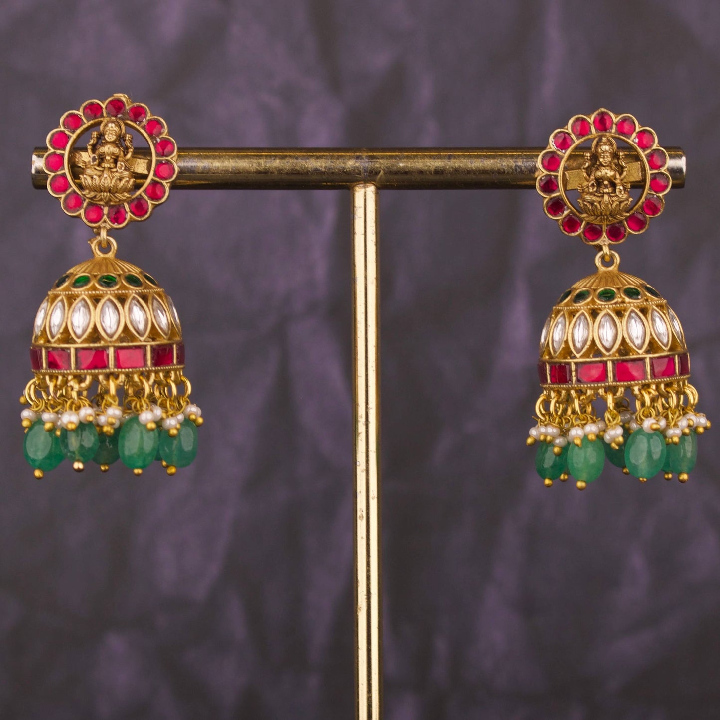 Divine Laxmi Devi Studded Jadau Kundan Antique Gold Jhumki Earrings