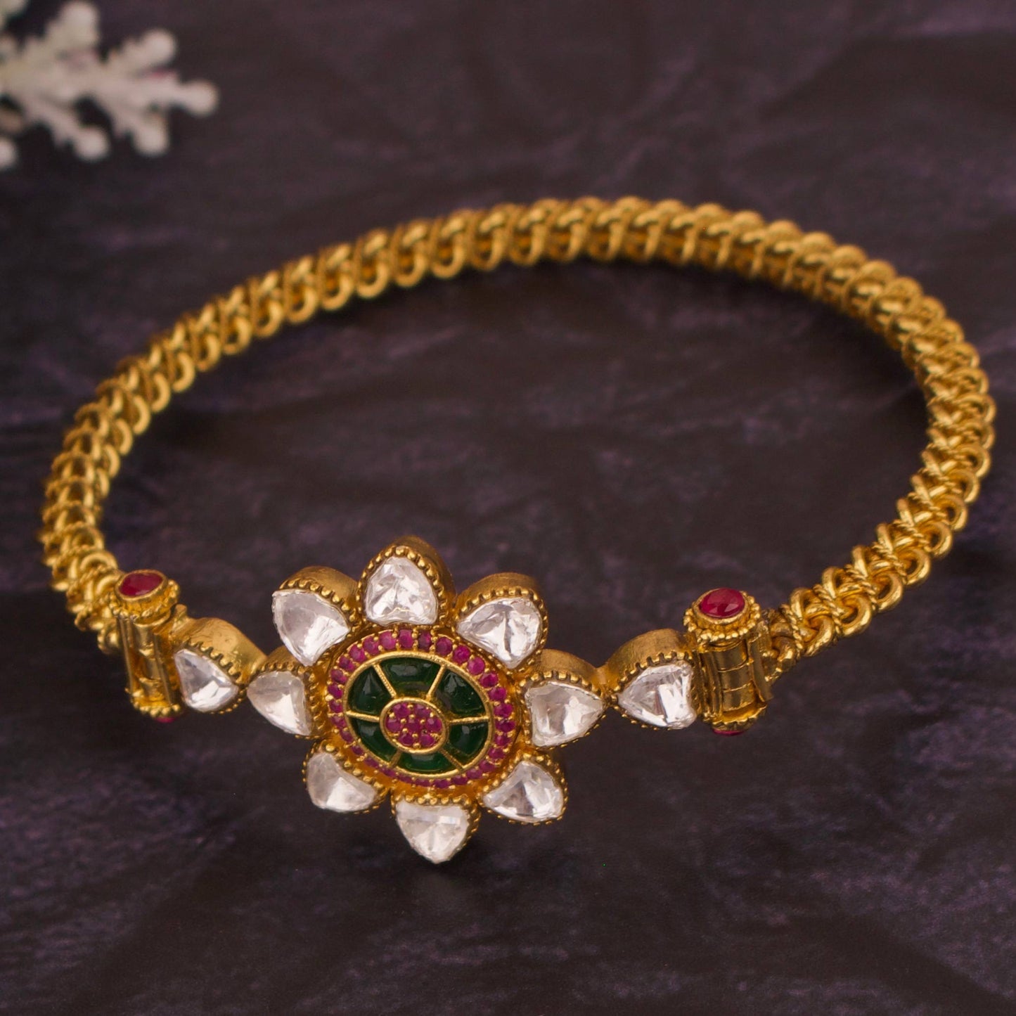 Floral Design Sleek Polki Single Kara Bracelet
