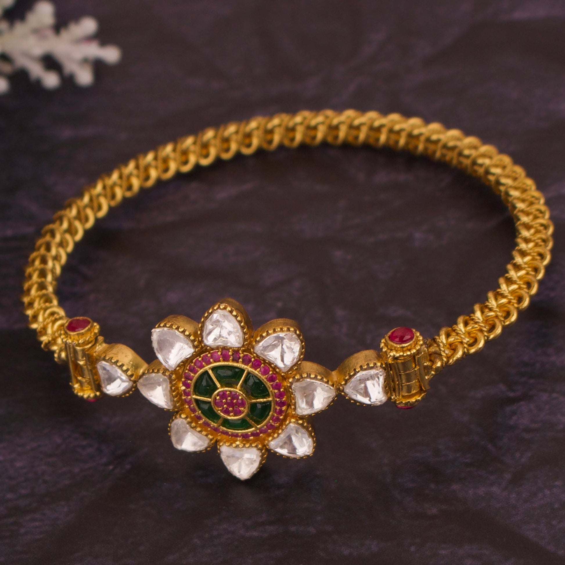 Floral Design Sleek Polki Single Kara Bracelet