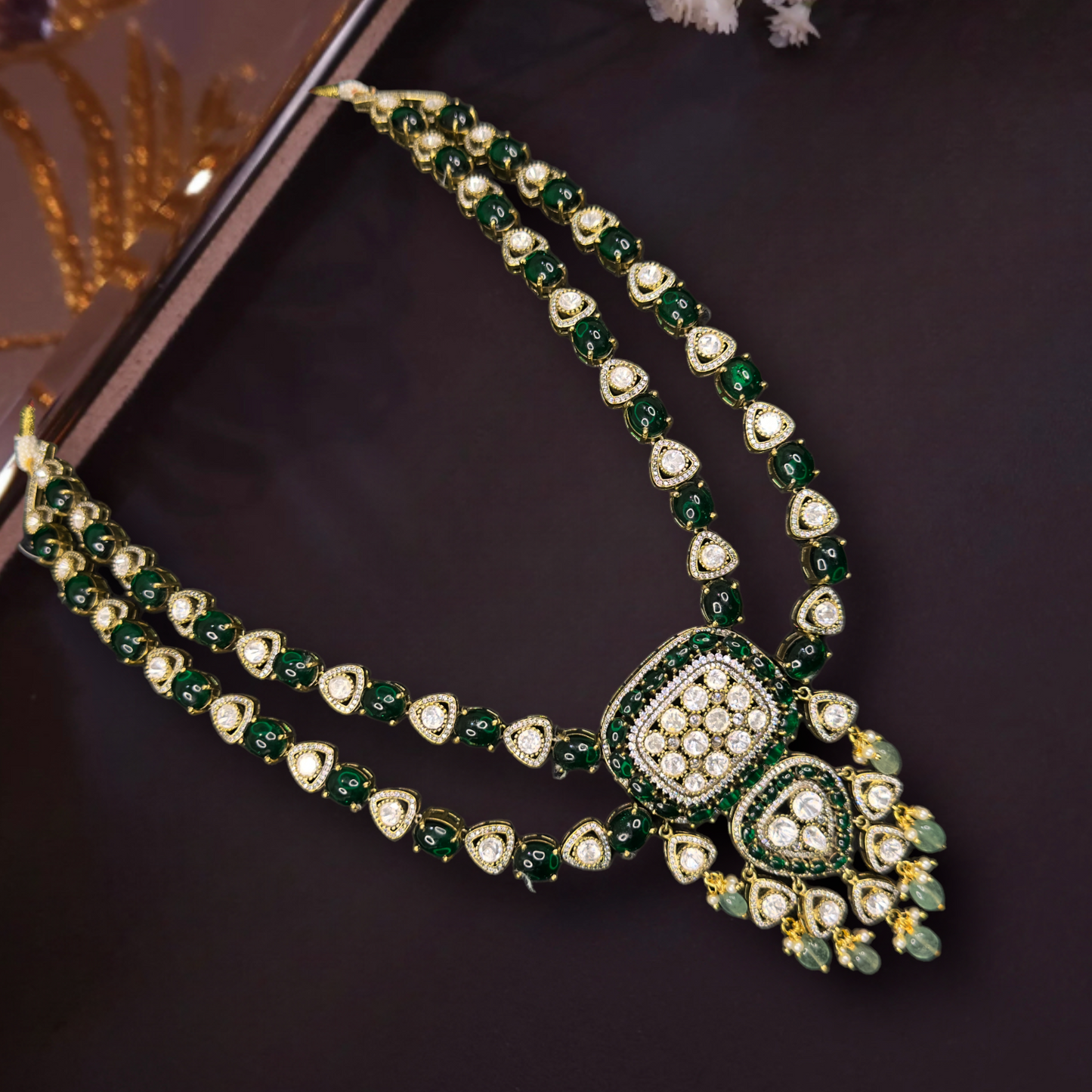 Elegant Two-Layer Victorian Necklace Set with Polki, zircon, pearls, and beads, including matching earrings. This Victorian Jewellery is available in Green & Purple colour variants. 