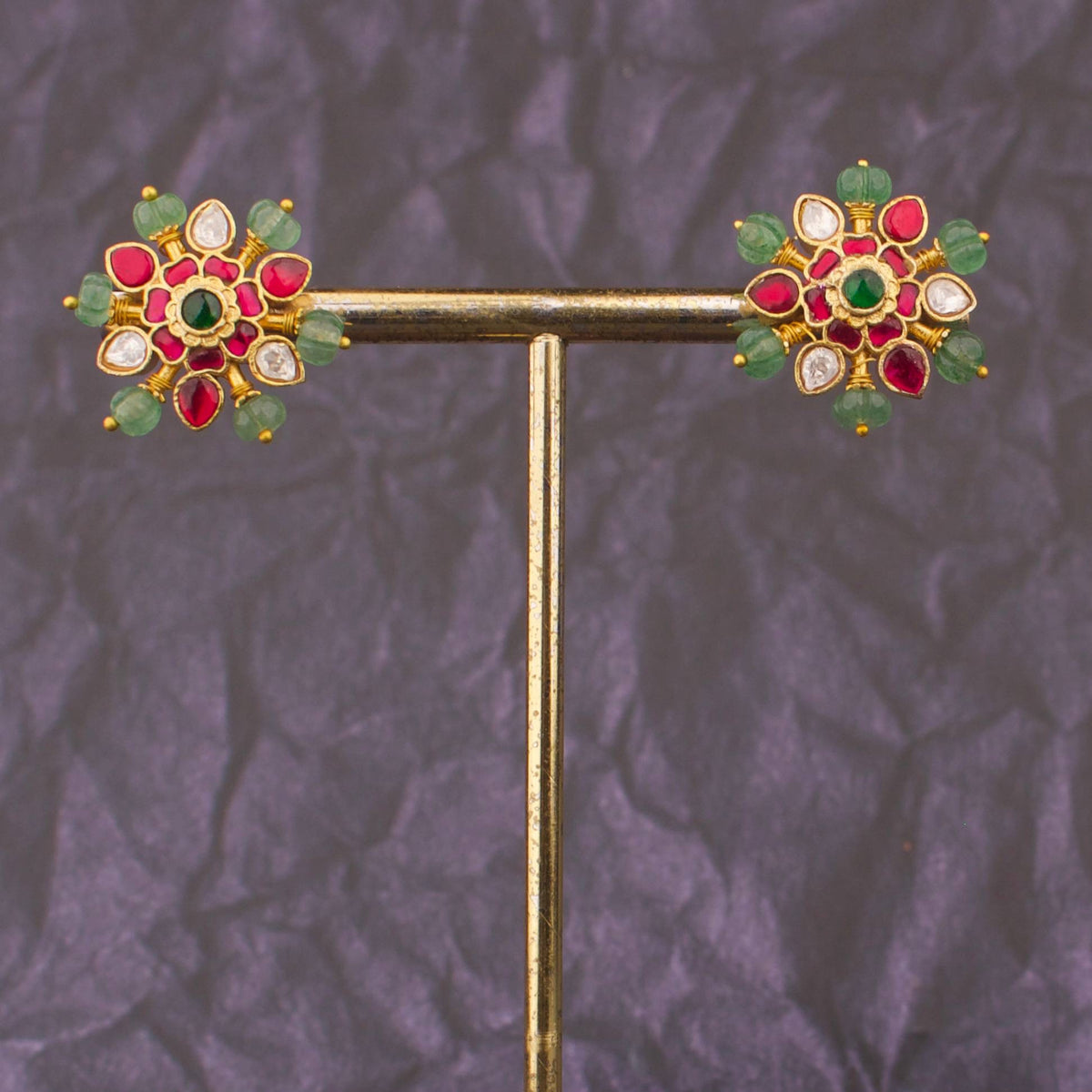 Jadau Kundan Floral Starburst Stud Earrings With Emerald Green Bead Halo