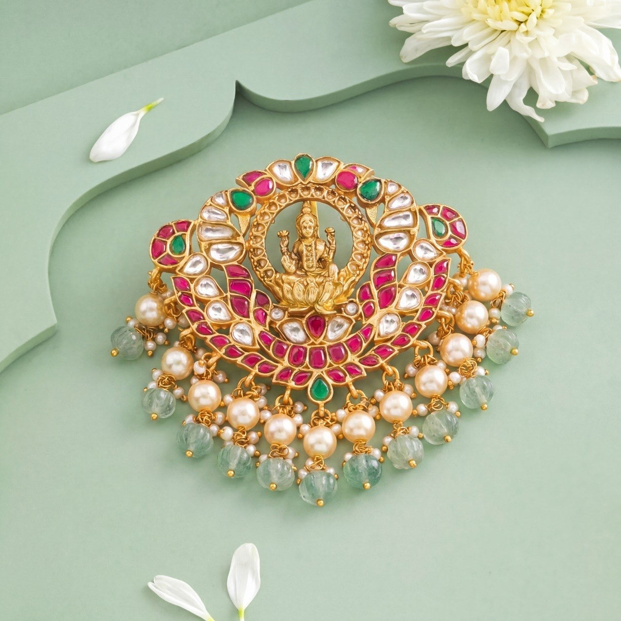 Divine Laxmi Devi Jadau Kundan Pendnat With Guttapusalu Hangings