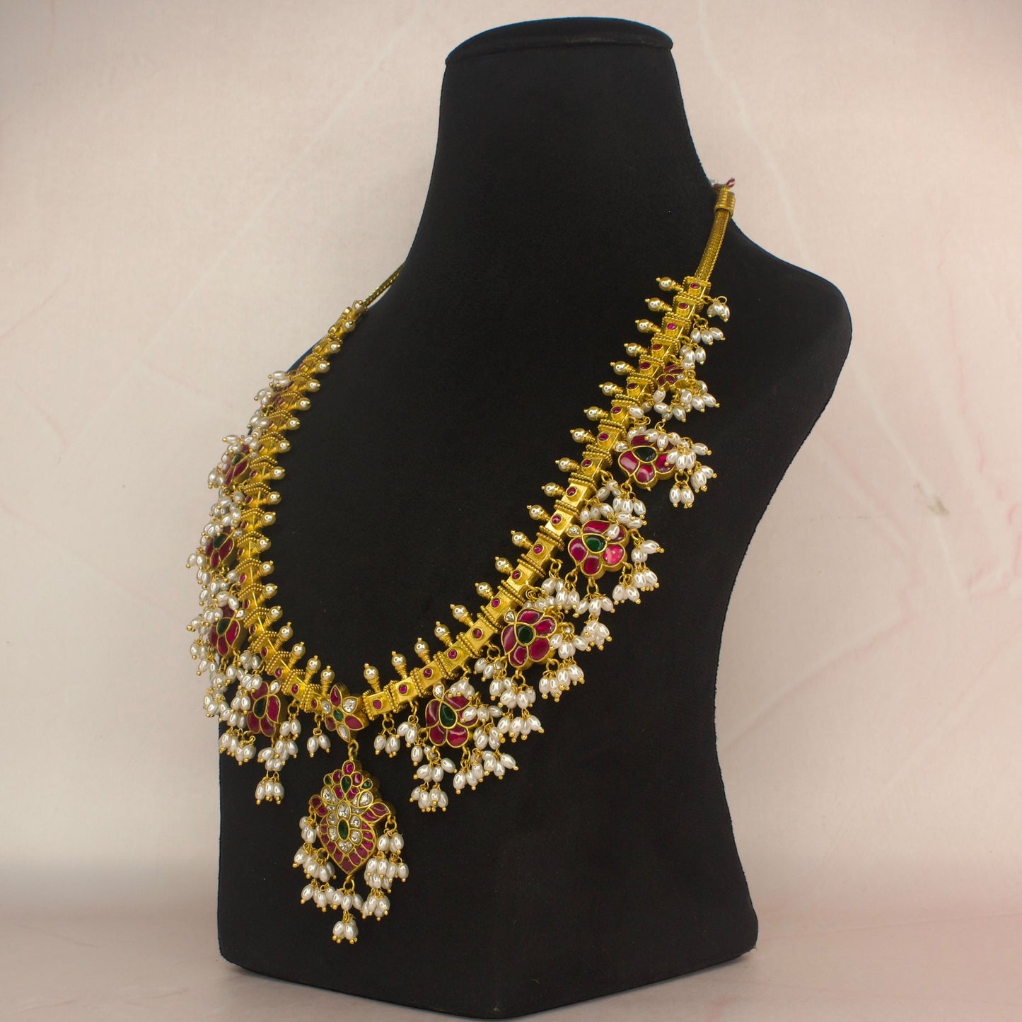 Opulent Jadau Kundan Rice pearl Guttapusalu Necklace with 22k Gold plating