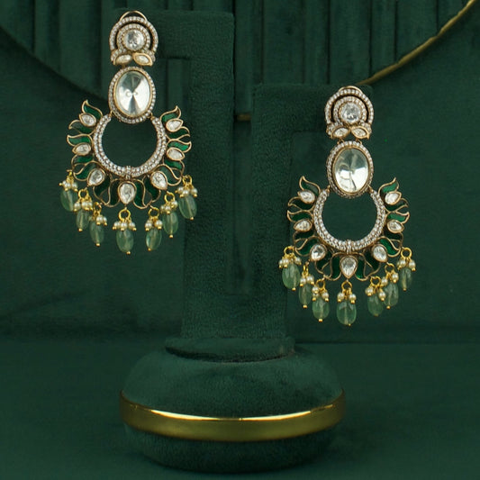 Graceful Fusion Kundan Polki Victorian Chand Bali with Green Beads