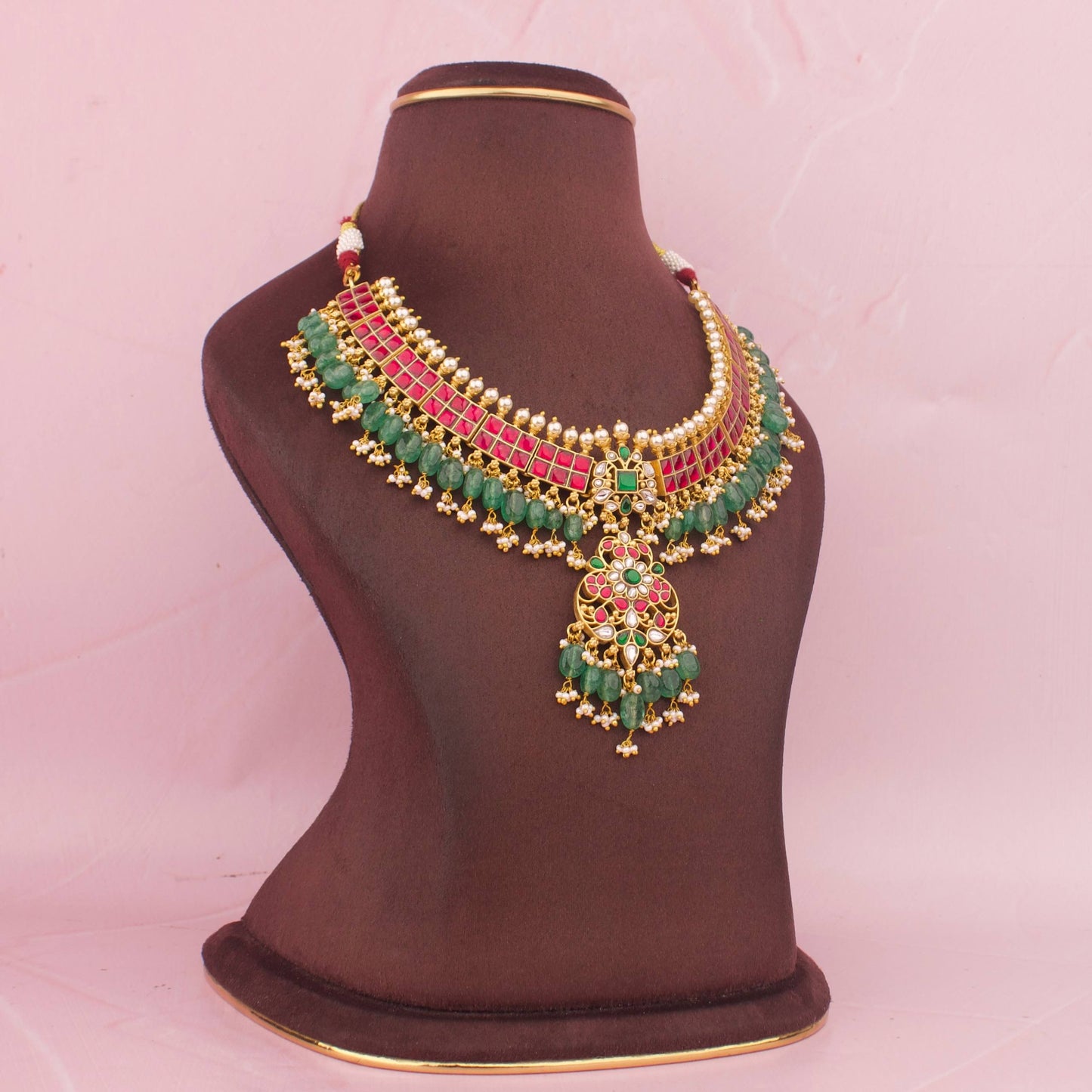 Royal Jadau Kundan Necklace With Green Beads And Pearl Drops