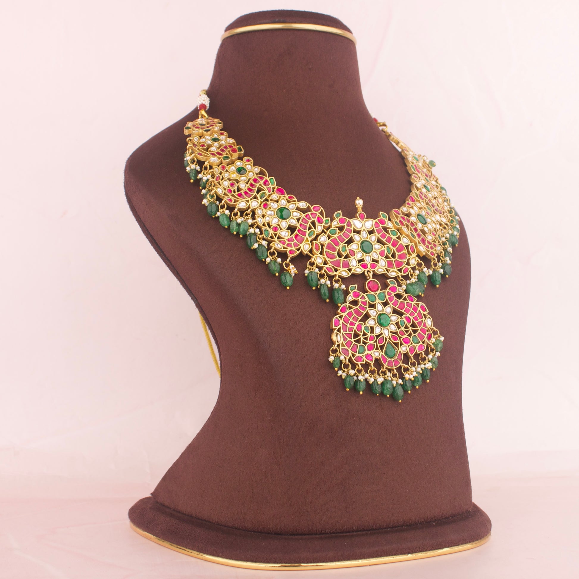 Opulent Floral And Peacock Design Jadau Kundan Necklace - DULHAN JEWELS