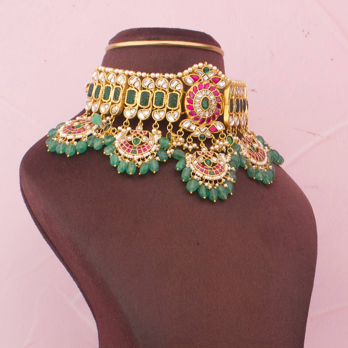 Luxury Jadau Kundan Choker Necklace With Green Drops - Alternate View 1