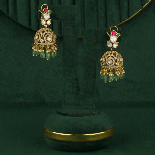 Grand Polki Victorian Jhumki Earrings With Green Beads