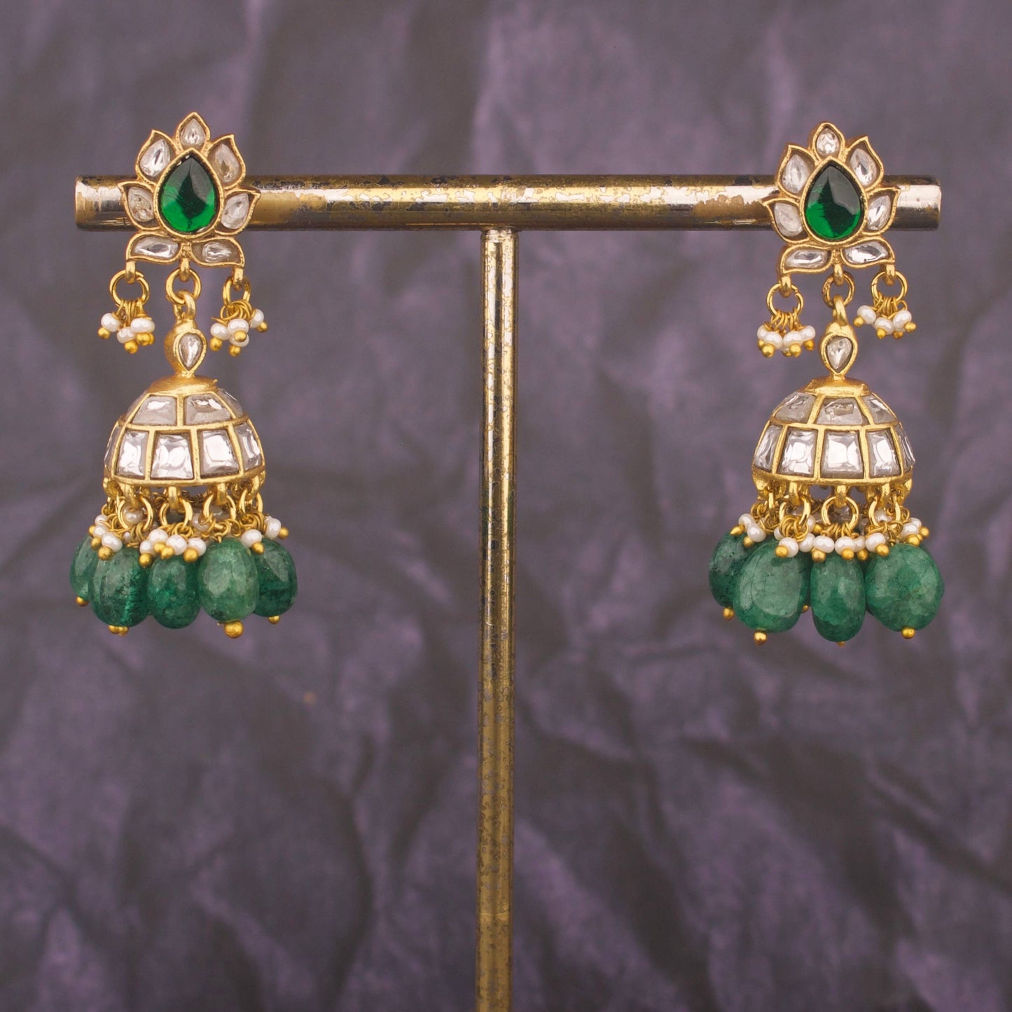 Ethnic Jadau Kundan Jhumki Earrings With Emerald Drops