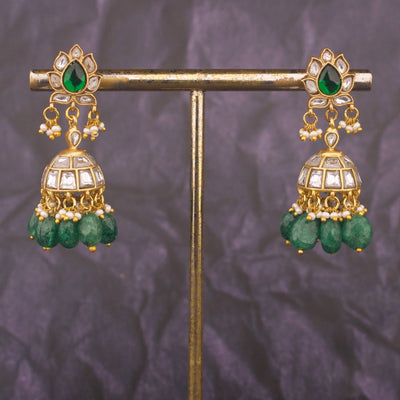 Ethnic Jadau Kundan Jhumki Earrings With Emerald Drops