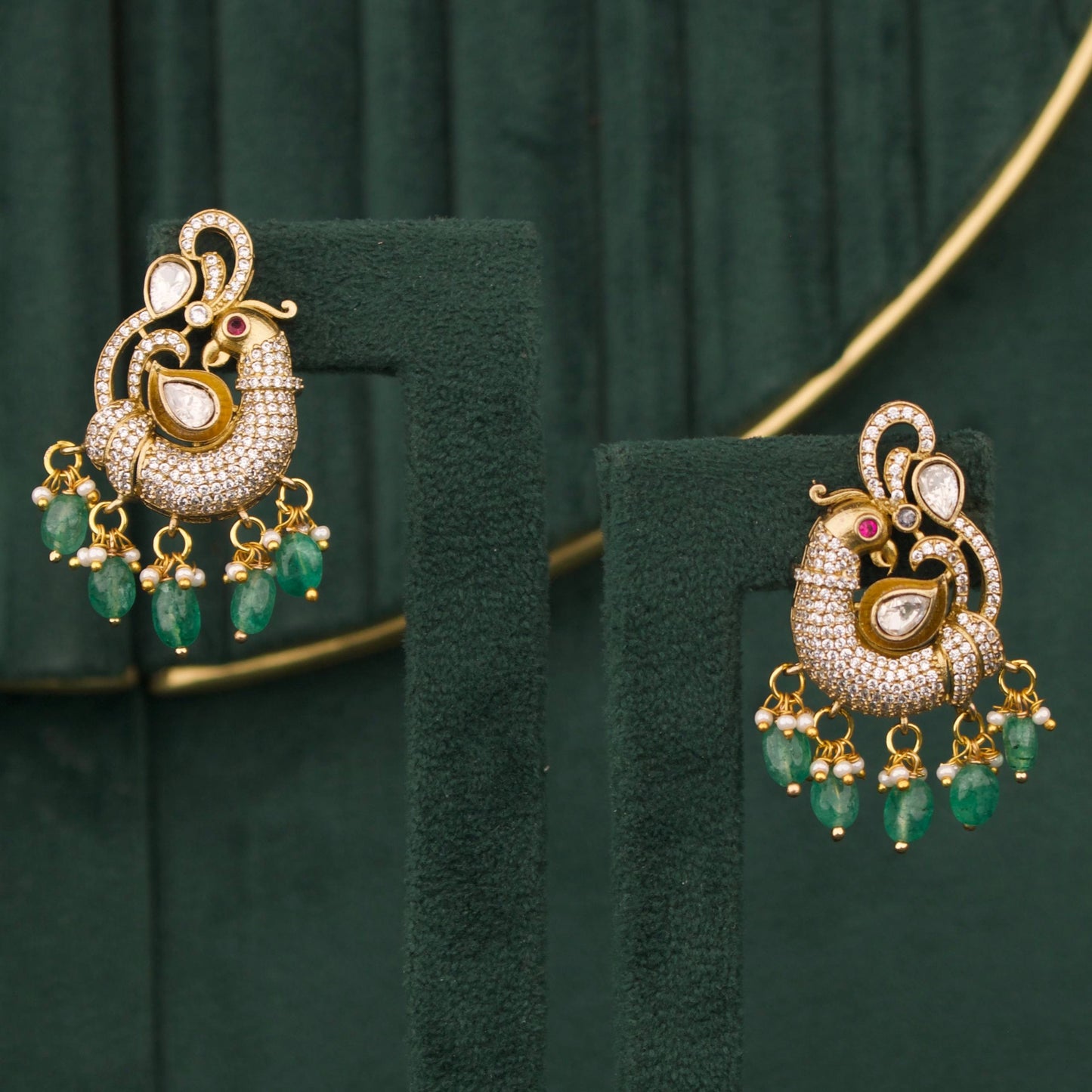 Classy Victorian Peacock Earrings With Green Beads