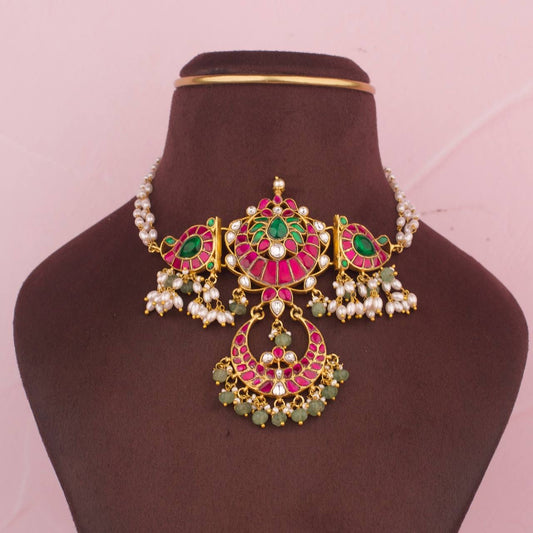 Bridal Jadau Kundan Chand Locket Choker With RicePearl Chain