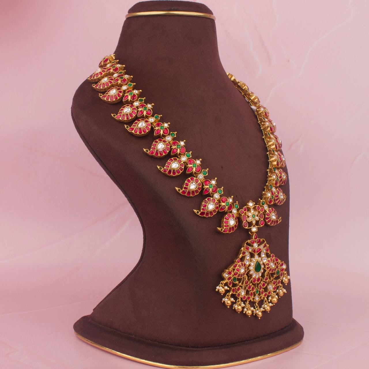 Bridal Traditional Jadau Kundan Long Mango Haram In Pure 925 Silver