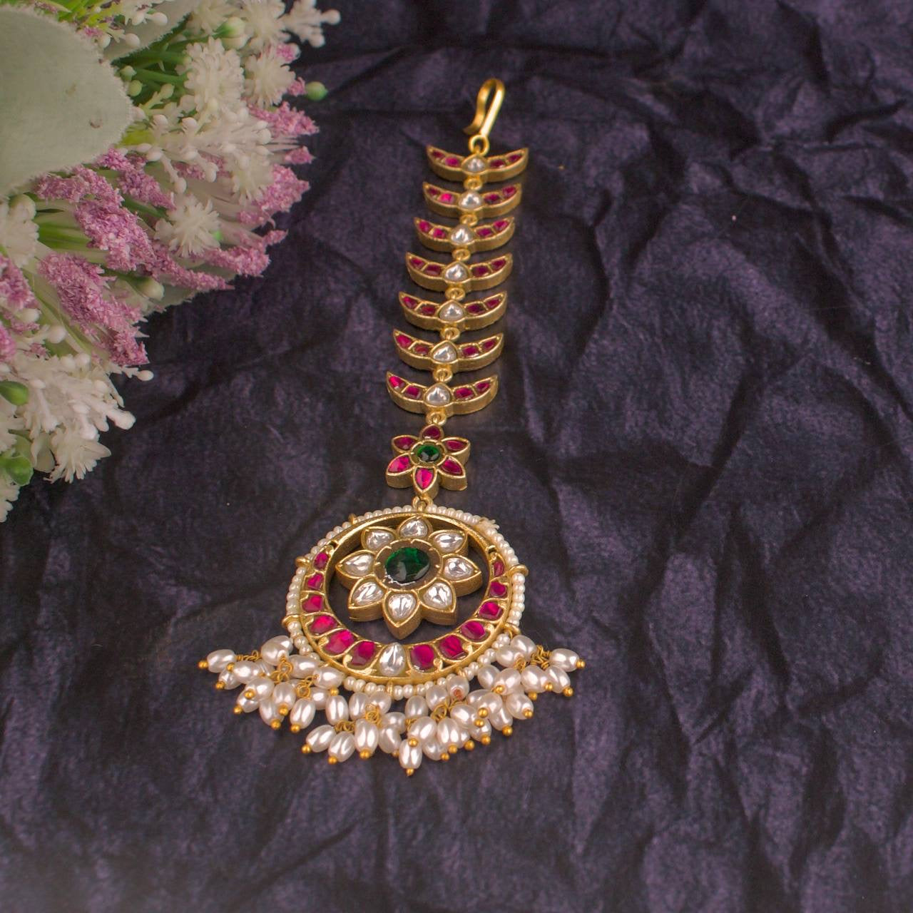 Bridal Floral Jadau Kundan Chand Shaped Maangtika