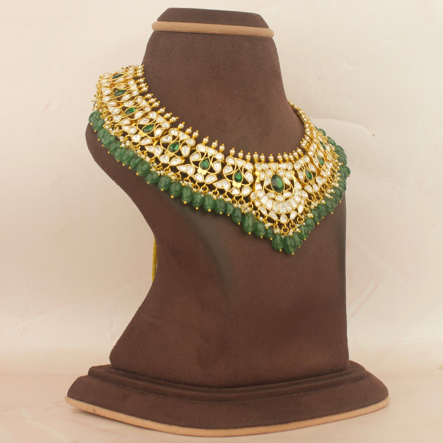 Gold finishing Latest Moissanite Polki Necklace With Green Beads As Hangings