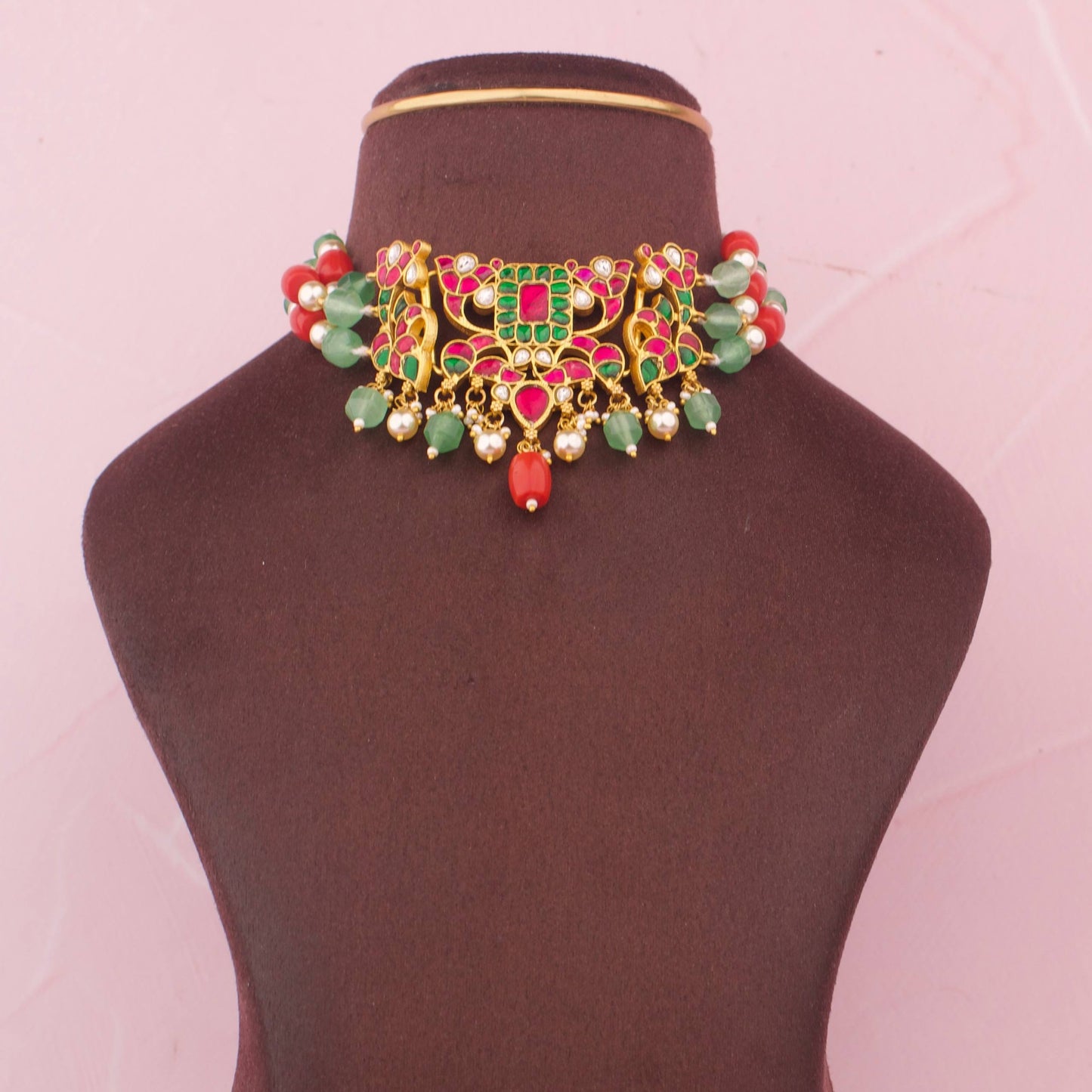 Designer Jadau Kundan Choker With Multicolour Bead And Pearl Hangings