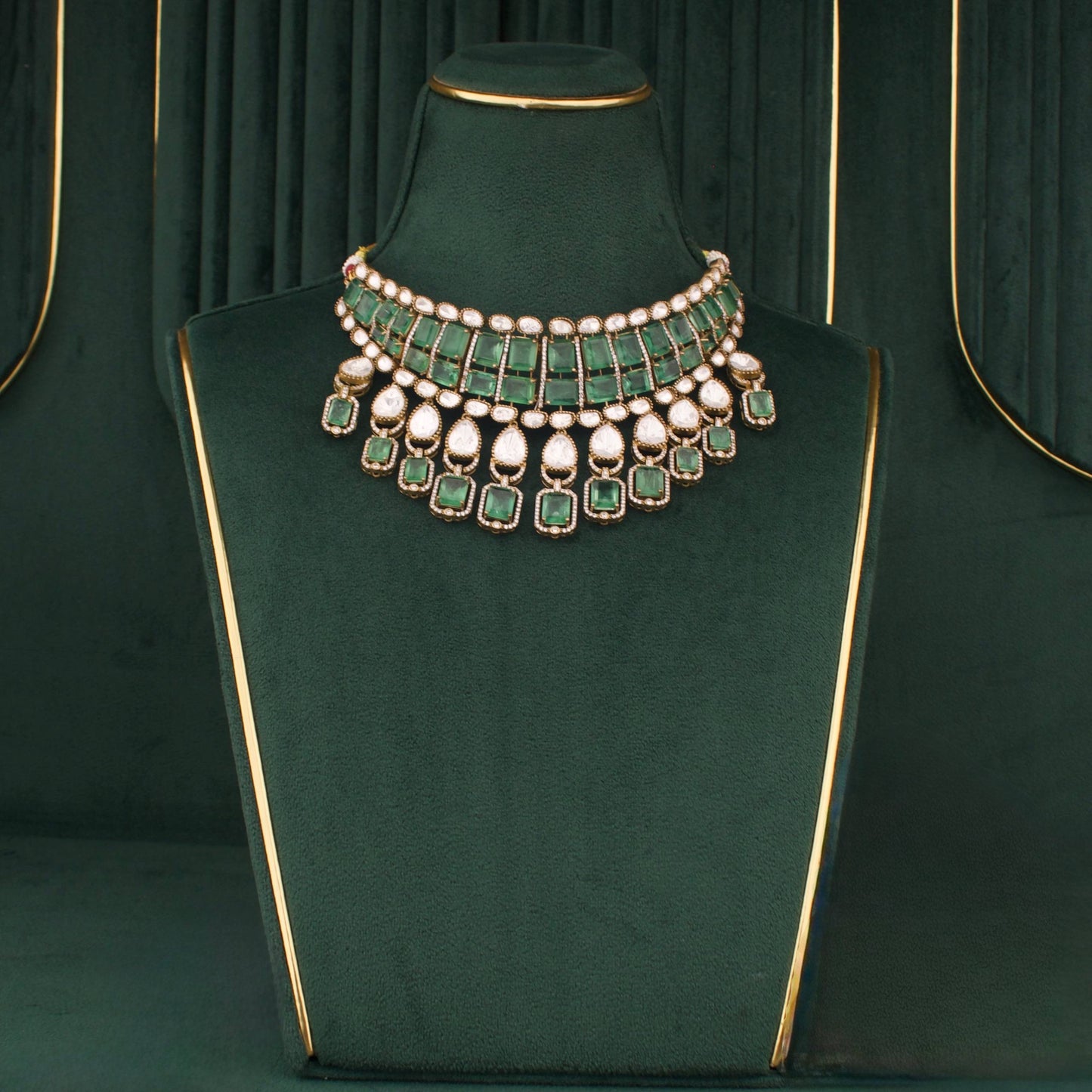 Victorian Emerald Polki Statement Choker Necklace Set With Drop Earrings