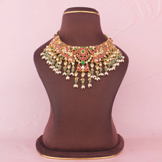 Premium Jadau Kundan Necklace With Emerald Beads And Pearl Hanging Design