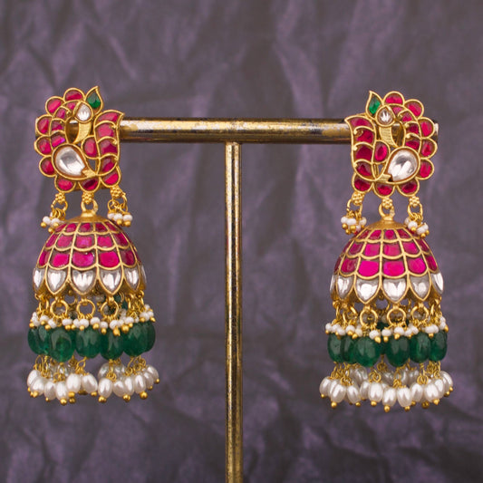 Exquisite Jadau Kundan Studded Jhumki Earrings With Emerald Green Beads And Pearl Drops