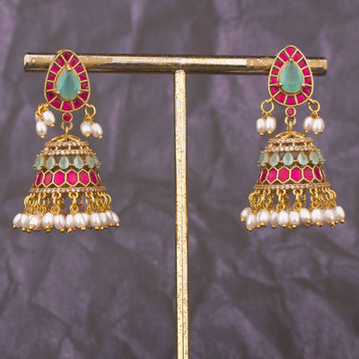 Mint Green And Pink Jadau Kundan Jhumka Earrings With Pearls