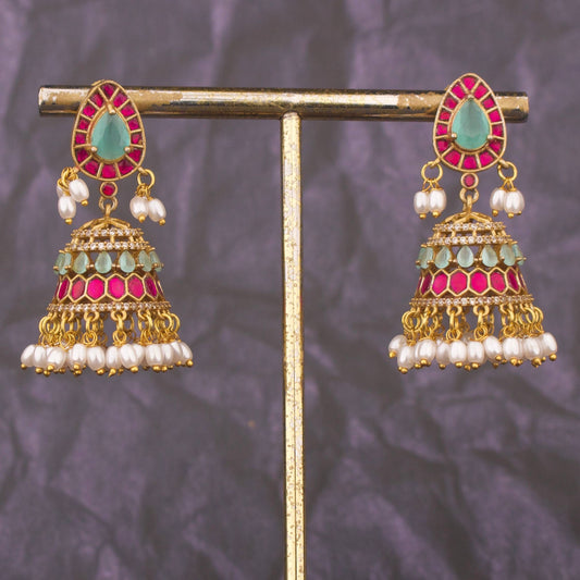 Mint Green And Pink Jadau Kundan Jhumka Earrings With Pearls