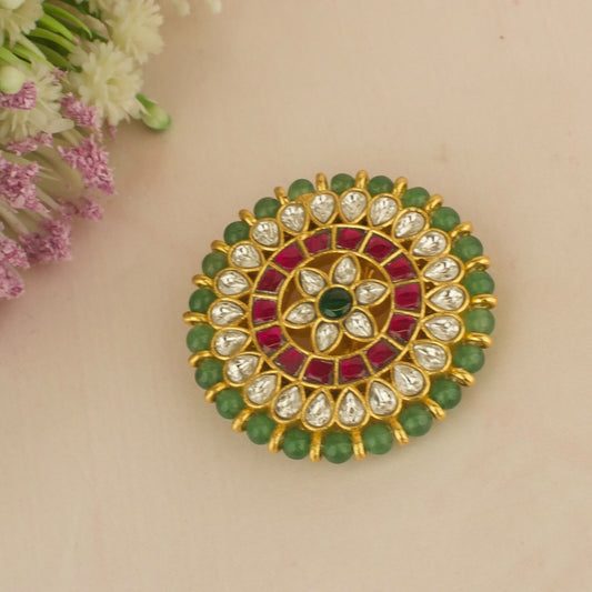 Lavish Floral Design Jadau Kundan Locket with Surrounding Green beads