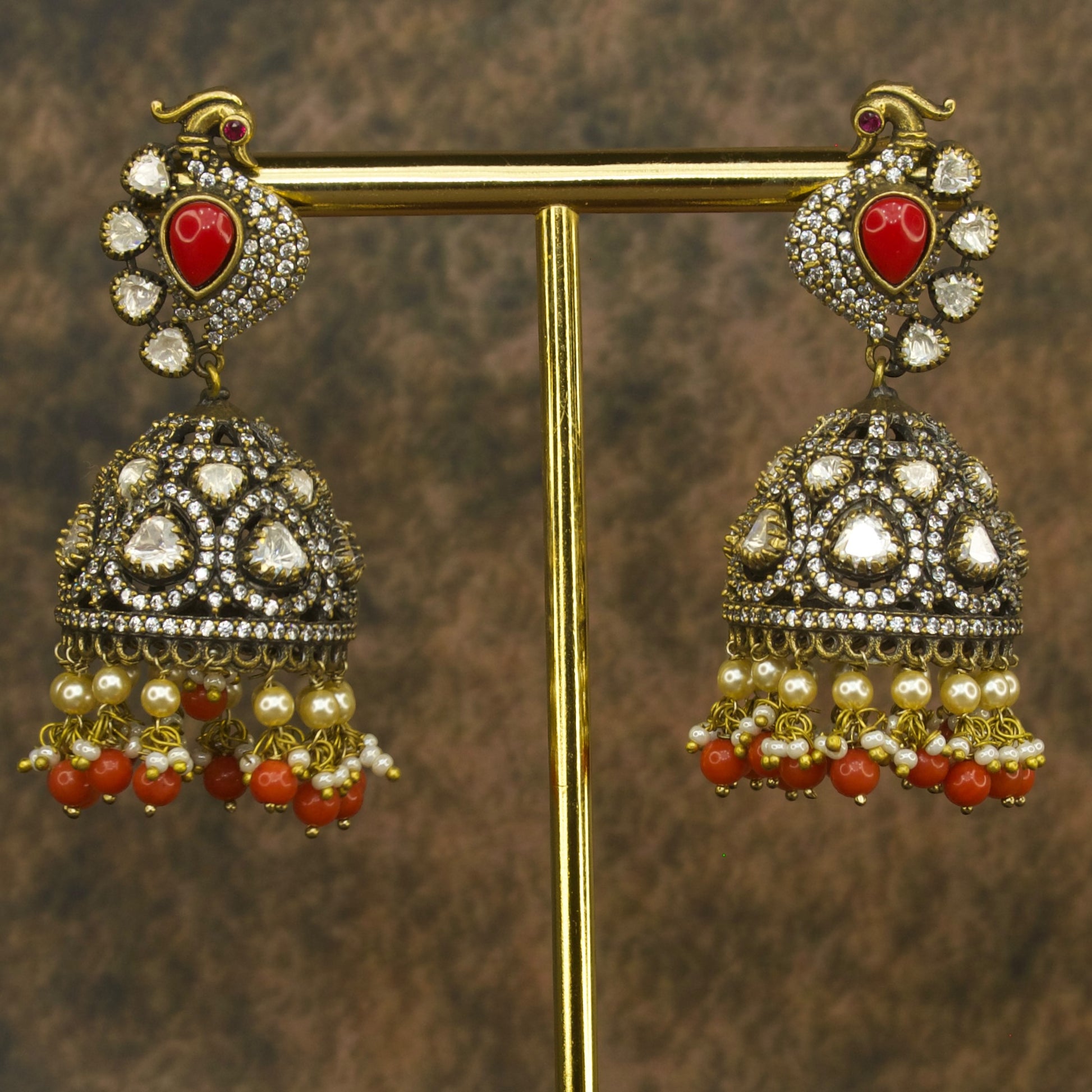 Peacock Studded Victorian Finish Polki Jhumka Earrings