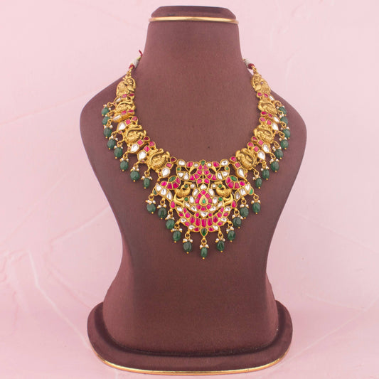 Regal Jadau Kundan Necklace With Emerald Beads
