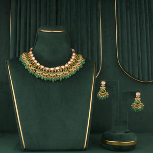 Emerald Victorian Polki Necklace Set With Matching Earrings - Handcrafted Indian Bridal Jewelry by Dulhan Jewels