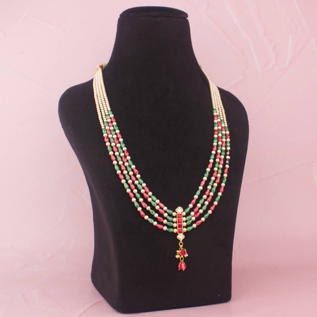 Multi Strand Pearl Beads Necklace With Red Green Beads Craftsmanship & Detail View - Dulhan Jewels