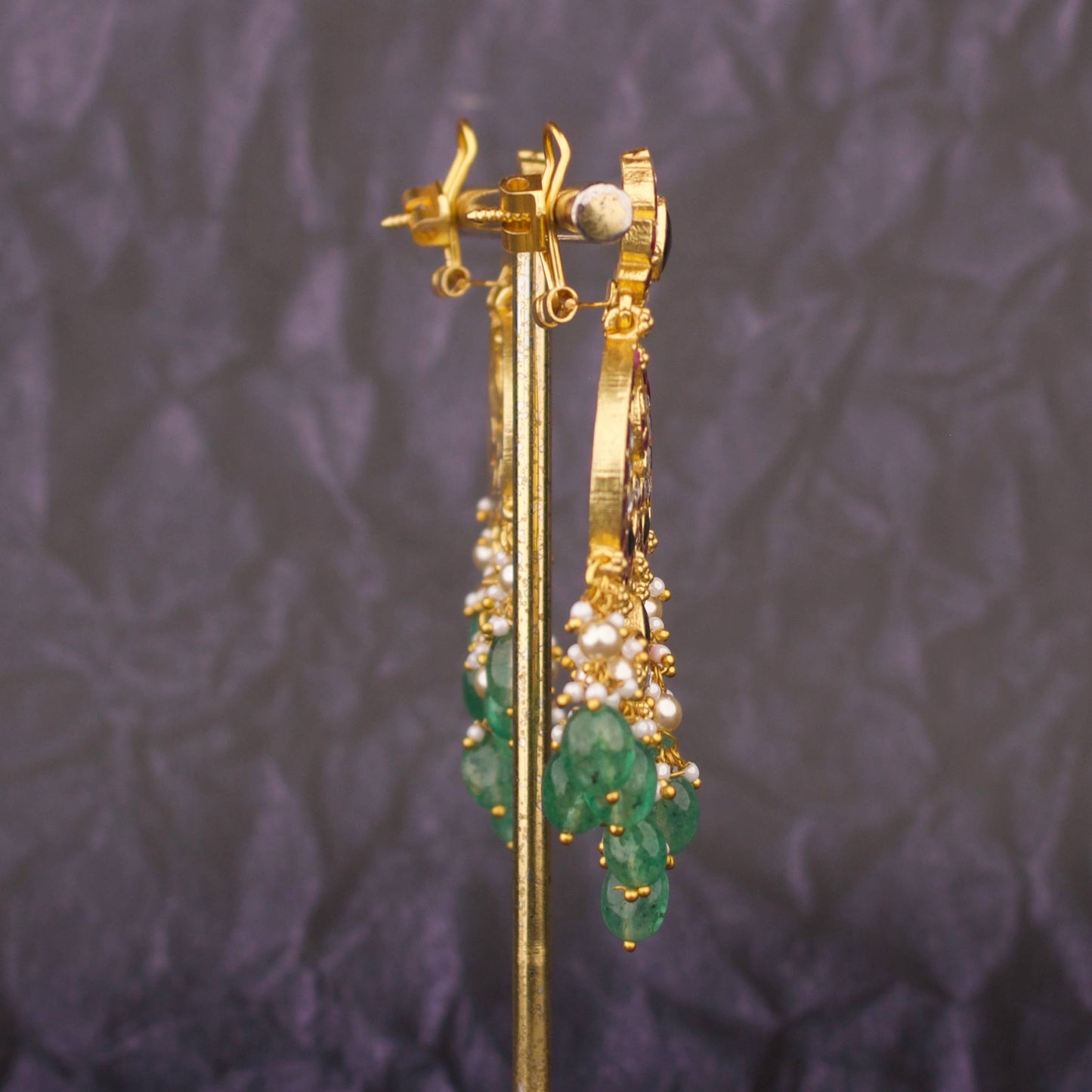 Bridal Jadau Kundan Chandbali With Rice Pearl And Green Hangings