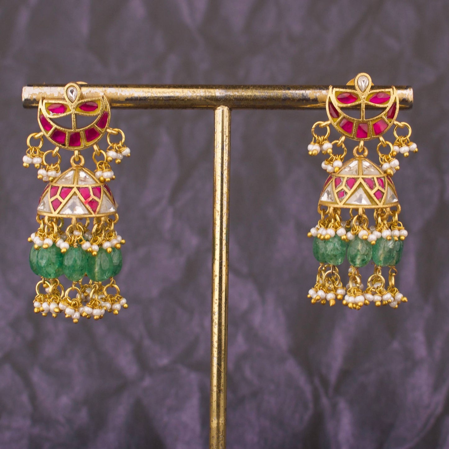 Crescent Moon Jadau Kundan Jhumka Earrings With Emerald Beads And Pearl Drops