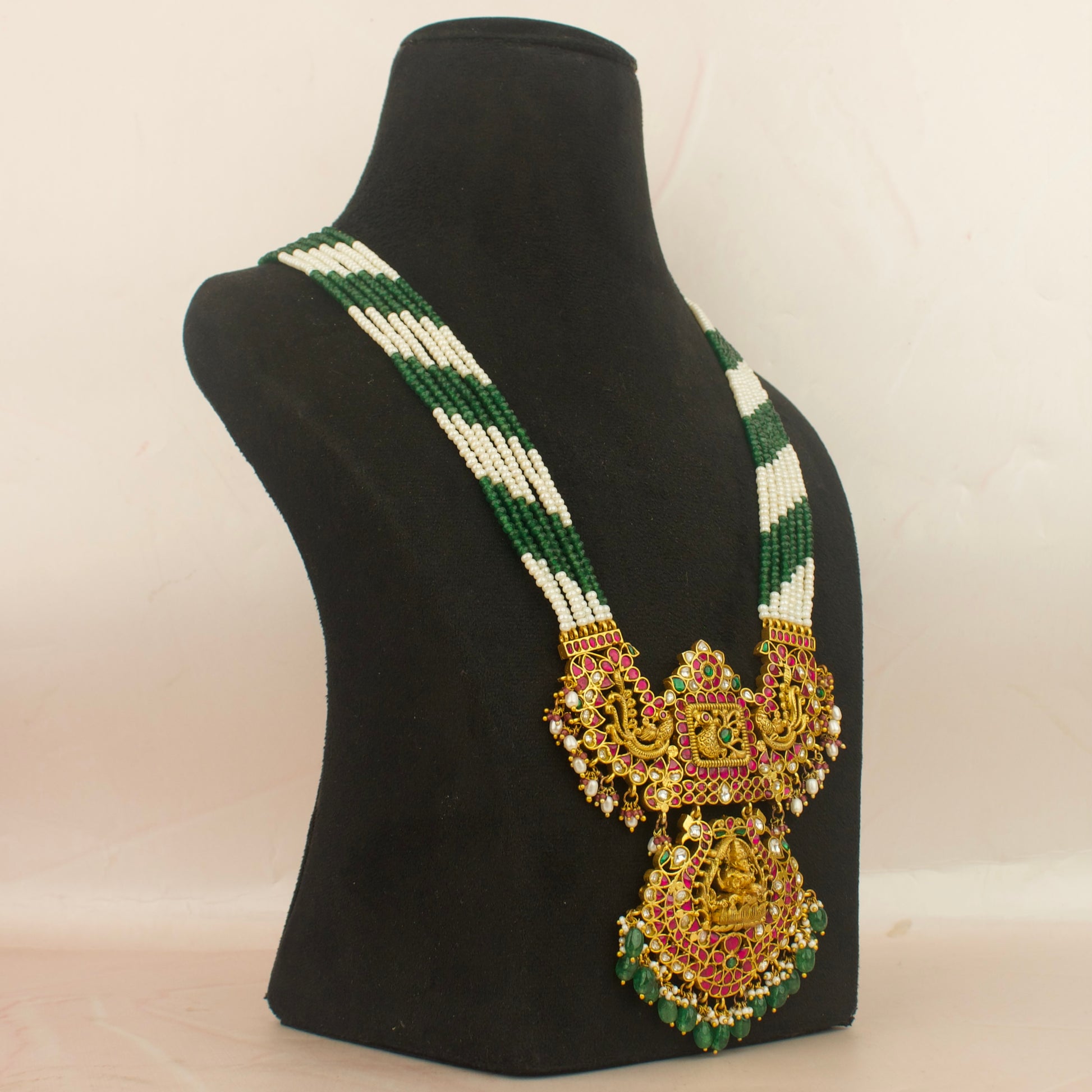 Traditional bridal nakshi jadau kundan beads necklace with green and white strands