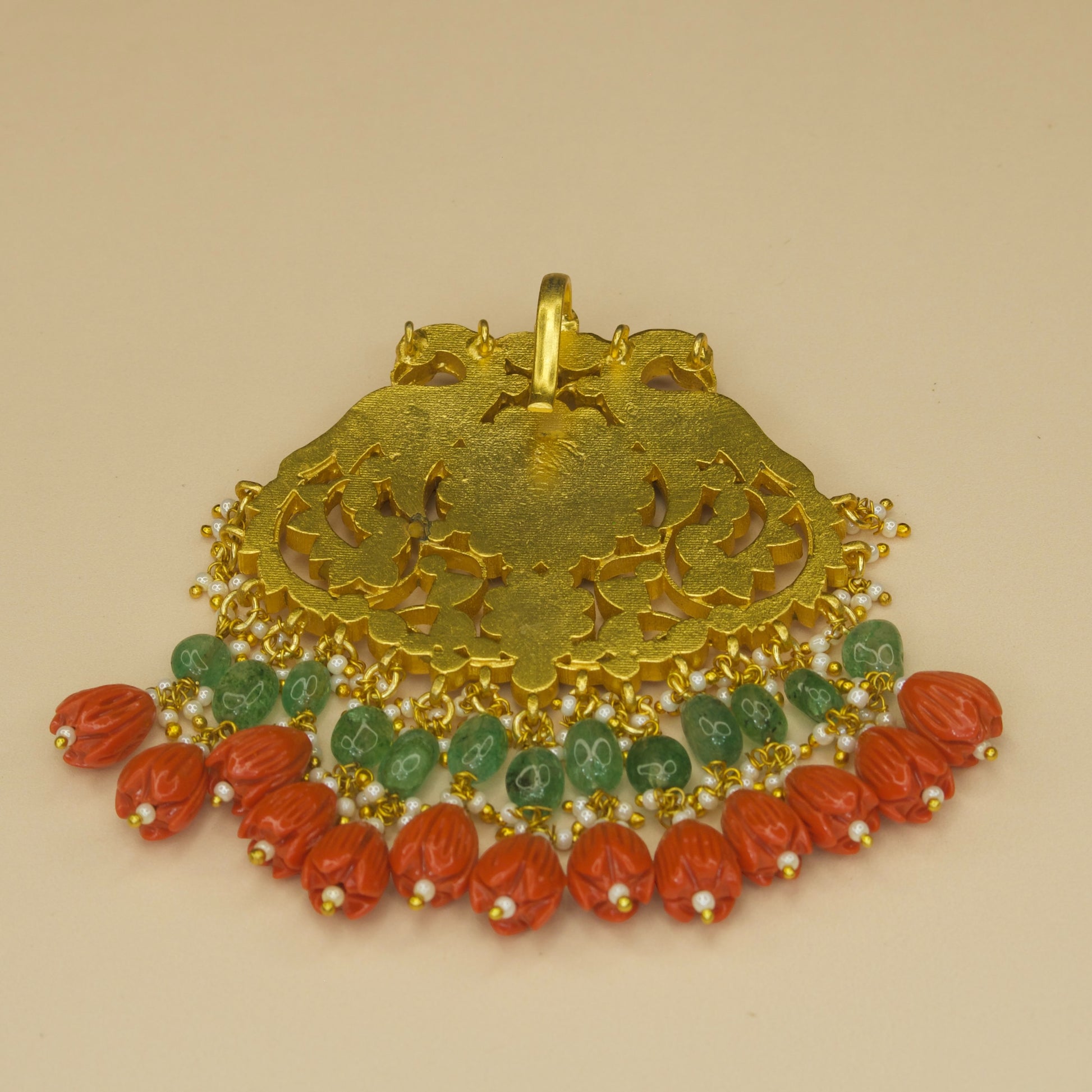 Ornate Floral Ruby and Emerald Jadau Kundan Pendant