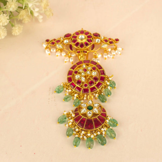 Floral Chandi Bali Design Jadau Kundan Hair Pin with Green Beads