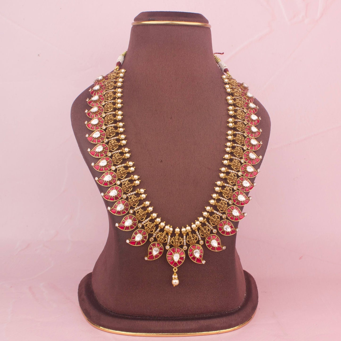 Close-Up Detail View of Antique Gold Jadau Kundan Mango Necklace With Matching Jhumki | Dulhan Jewels