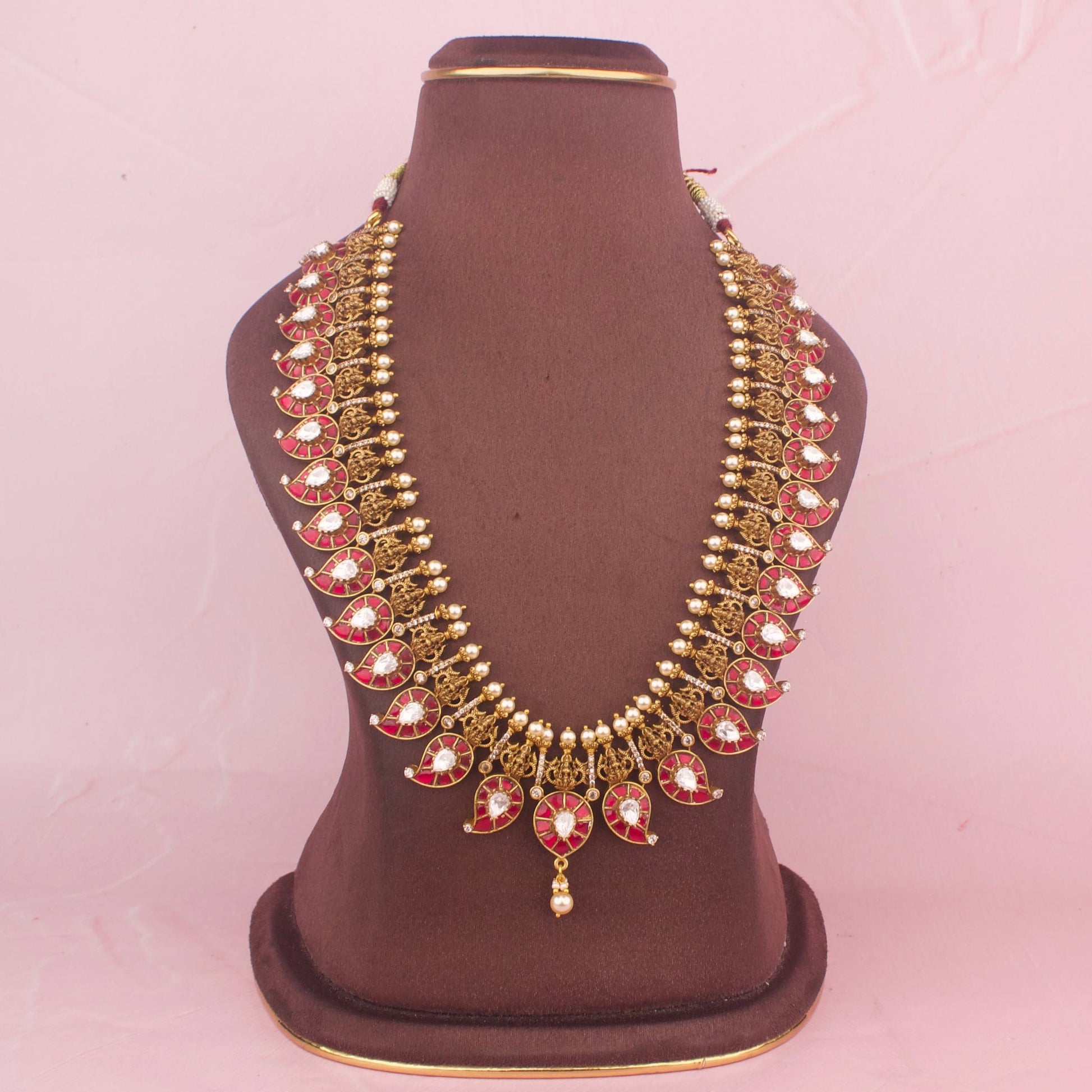 Close-Up Detail View of Antique Gold Jadau Kundan Mango Necklace With Matching Jhumki | Dulhan Jewels