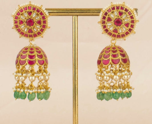 Bridal Festive Jadau Kundan Jhumki with Beads Hanging - DULHAN JEWELS