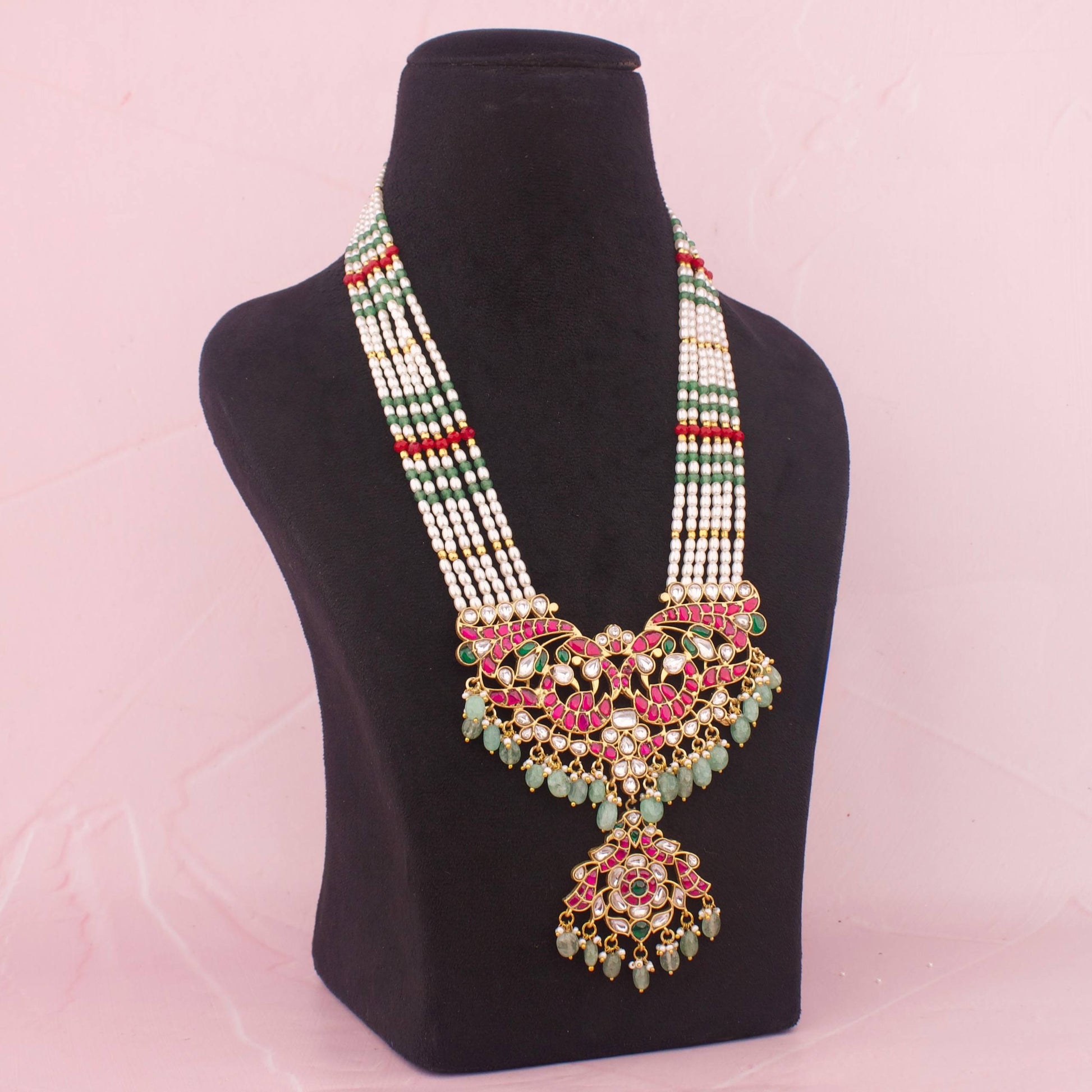 Close-Up Detail View of Gold Inspired Designer Jadau Kundan Rani Haar | Dulhan Jewels