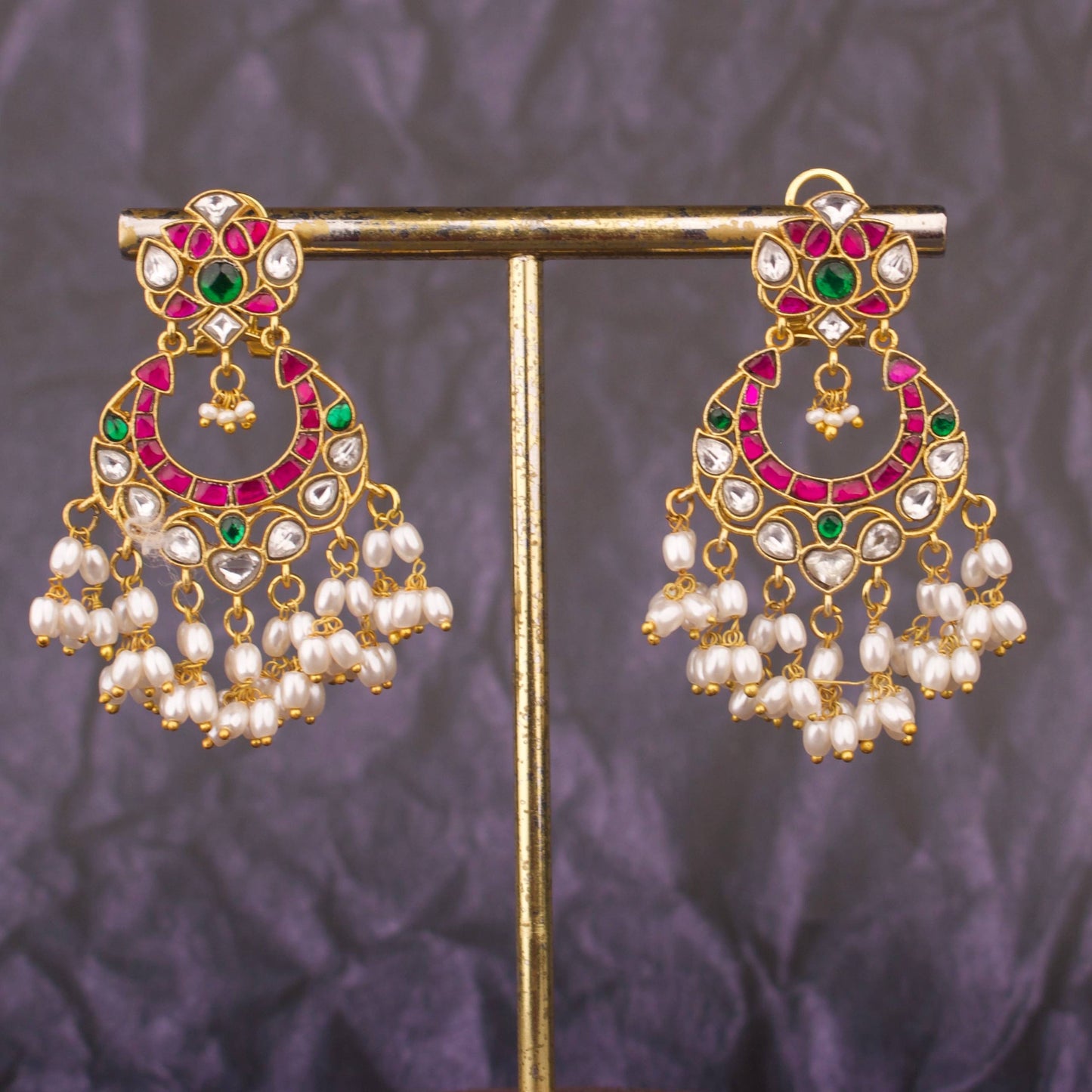 Elite Jadau Kundan Chandbali Earrings With Pearl Dangling Drops