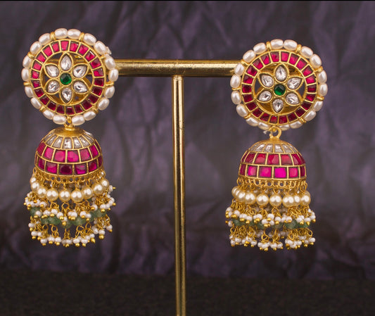 South-Indian Gold Style Jadau Kundan Jhumki Earrings - DULHAN JEWELS
