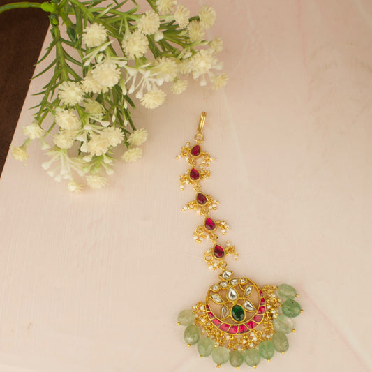 Chand Bali Design Jadau Kundan Long Maang Tikka With Green Beads