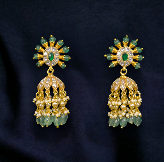 Majestic Green Blossom Jadau Kundan Jhumkas with 22k gold plating. this product belongs to jadau kundan jewellery category